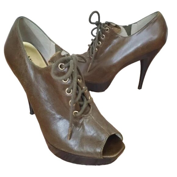 Michael Kors Booties Womens 8M Oxford Platform Stiletto Heels Leather Peep Toe - Picture 1 of 7
